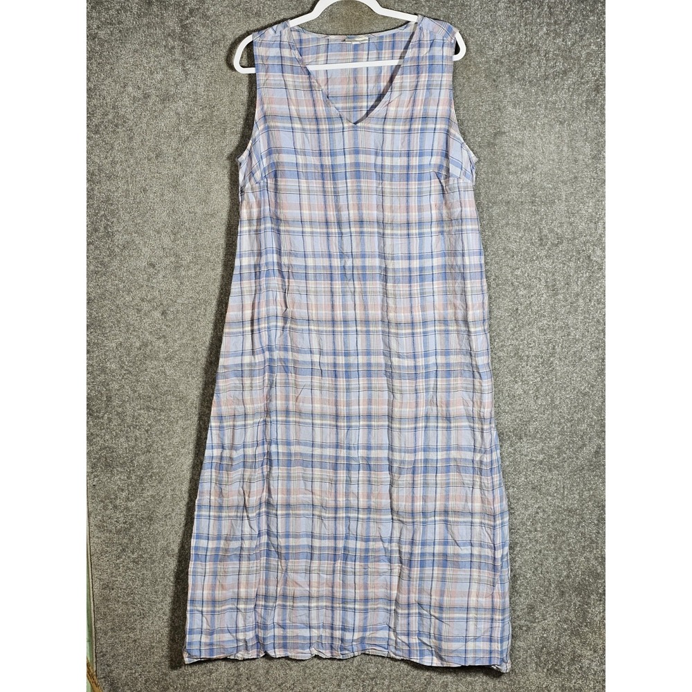 J. Jill Blue and Pink Plaid 100% Linen Maxi Dress